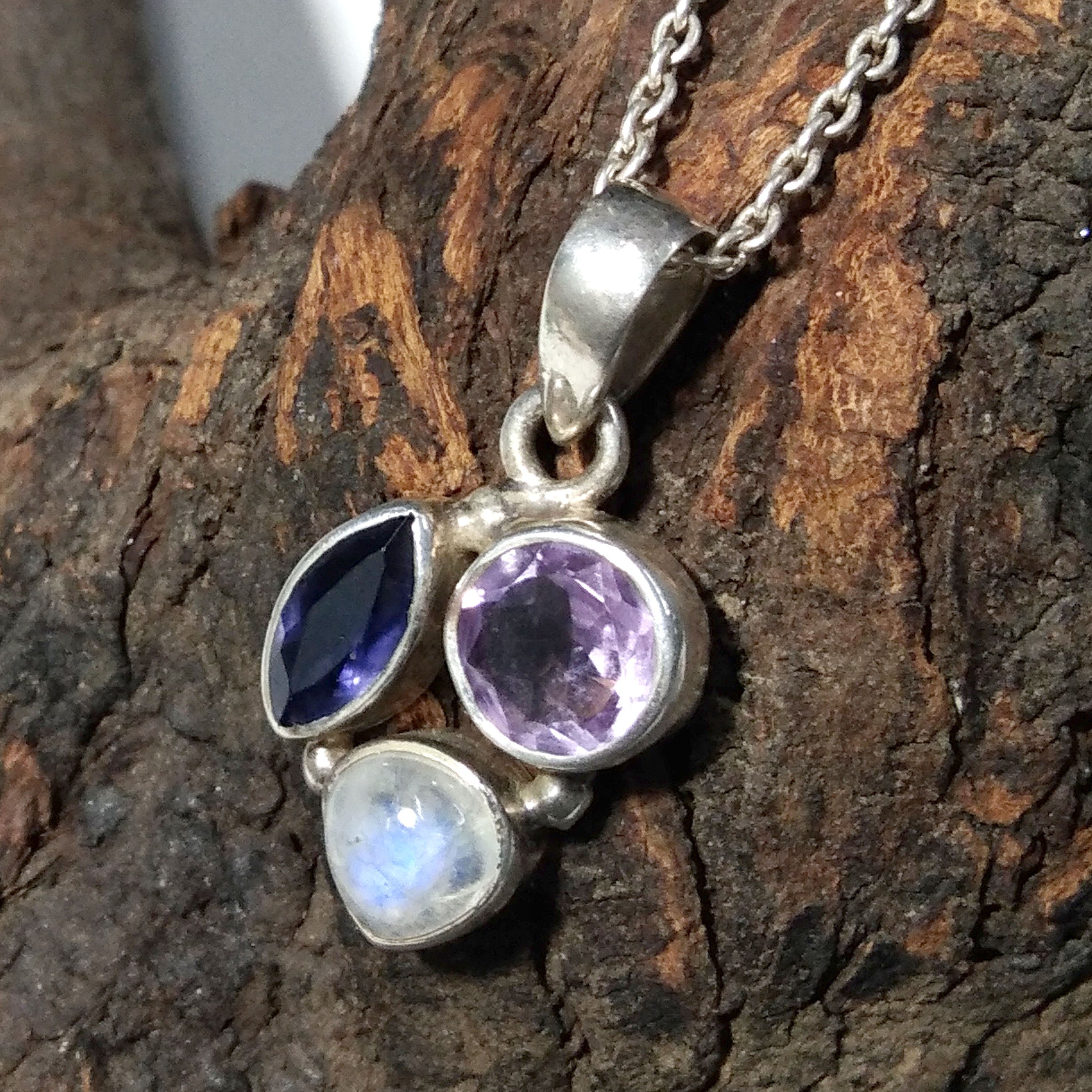 Natural Amethyst, Moonstone, iolite Gemstone Necklace Chain Pendant, 925 Starling Silver Pendant Necklace, Handmade Jewelry Birthday Pendant